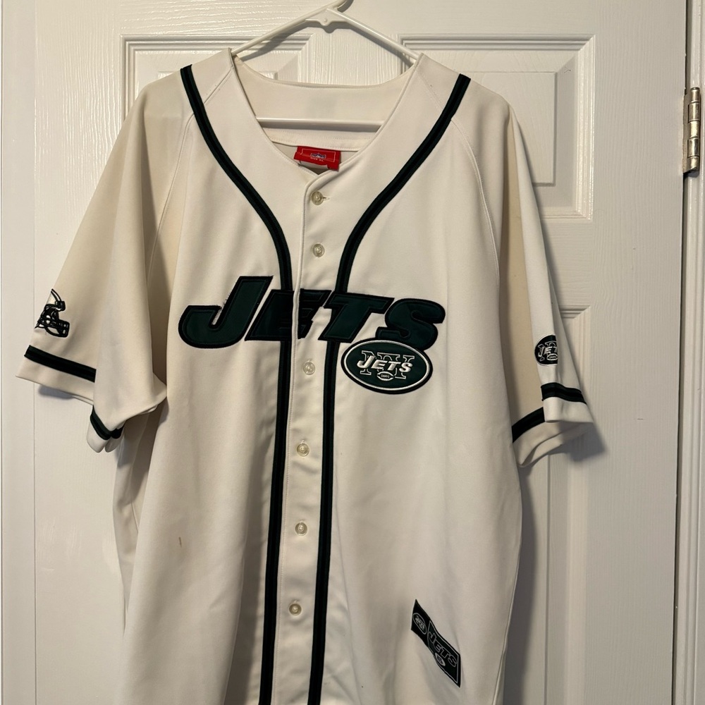 New York Jets NFL button down jersey with logo sleeves